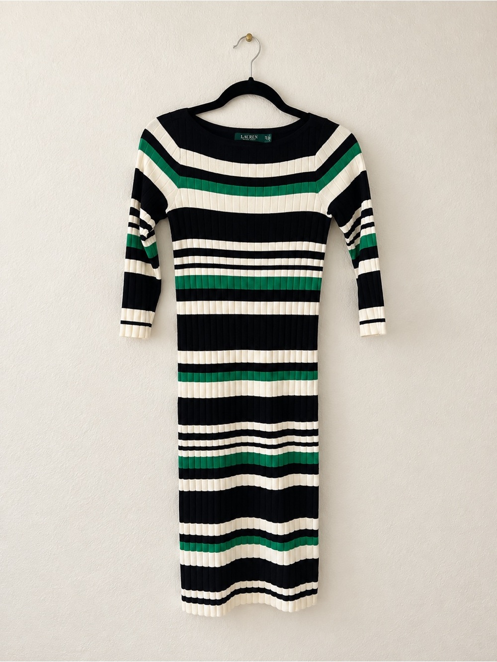Ralph Lauren Black White and Green Striped Ribbed Knit Long Sleeve Dress